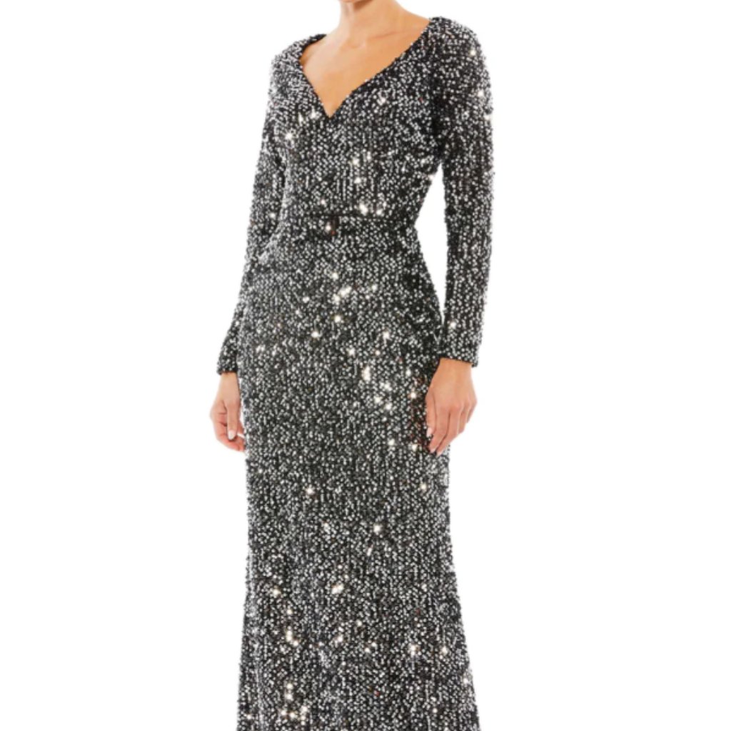 Mac Duggal 26555 Long Sleeve Sequin Black Silver Gown Sz 14
